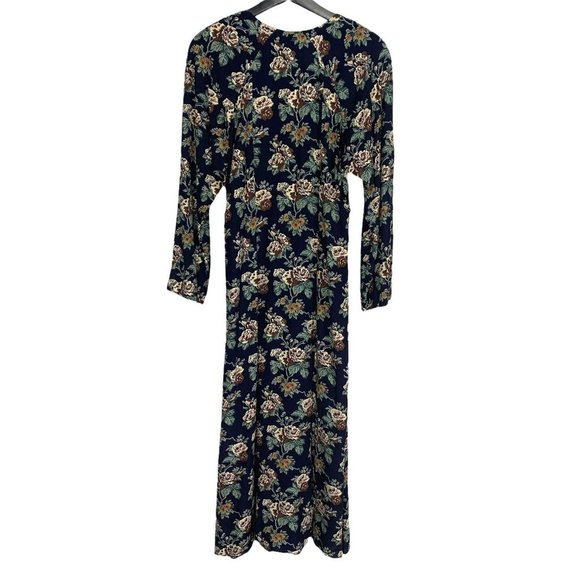 Vintage 90s Navy Blue Floral Long Sleeve Full Length Button Up Dress Medium - Picture 4 of 11